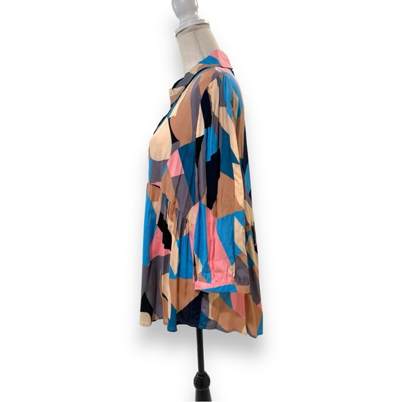 Umgee Plus Abstract Print 3/4 Puff Sleeve Button Up Collared BabyDoll Top - Picture 7 of 9